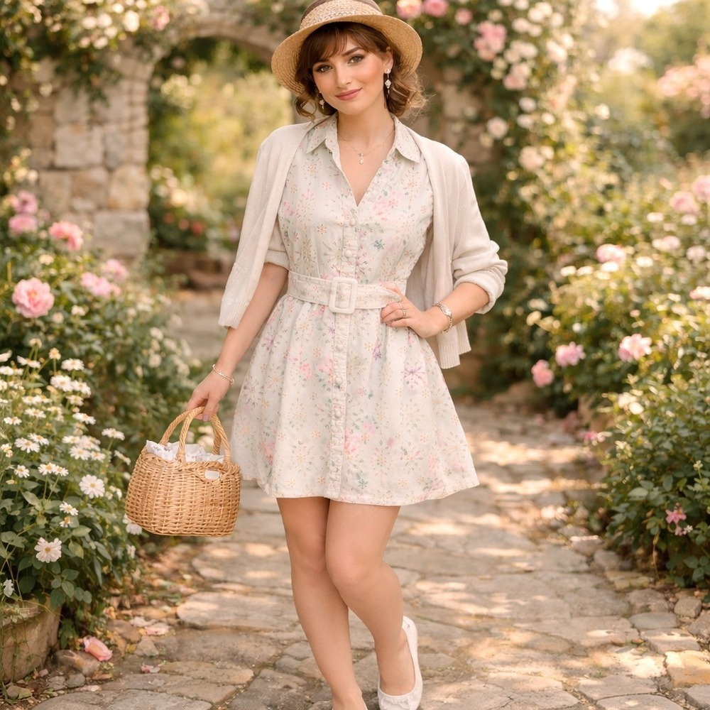 Solitaire Pastel Floral Mini Dress in Cream and Pink